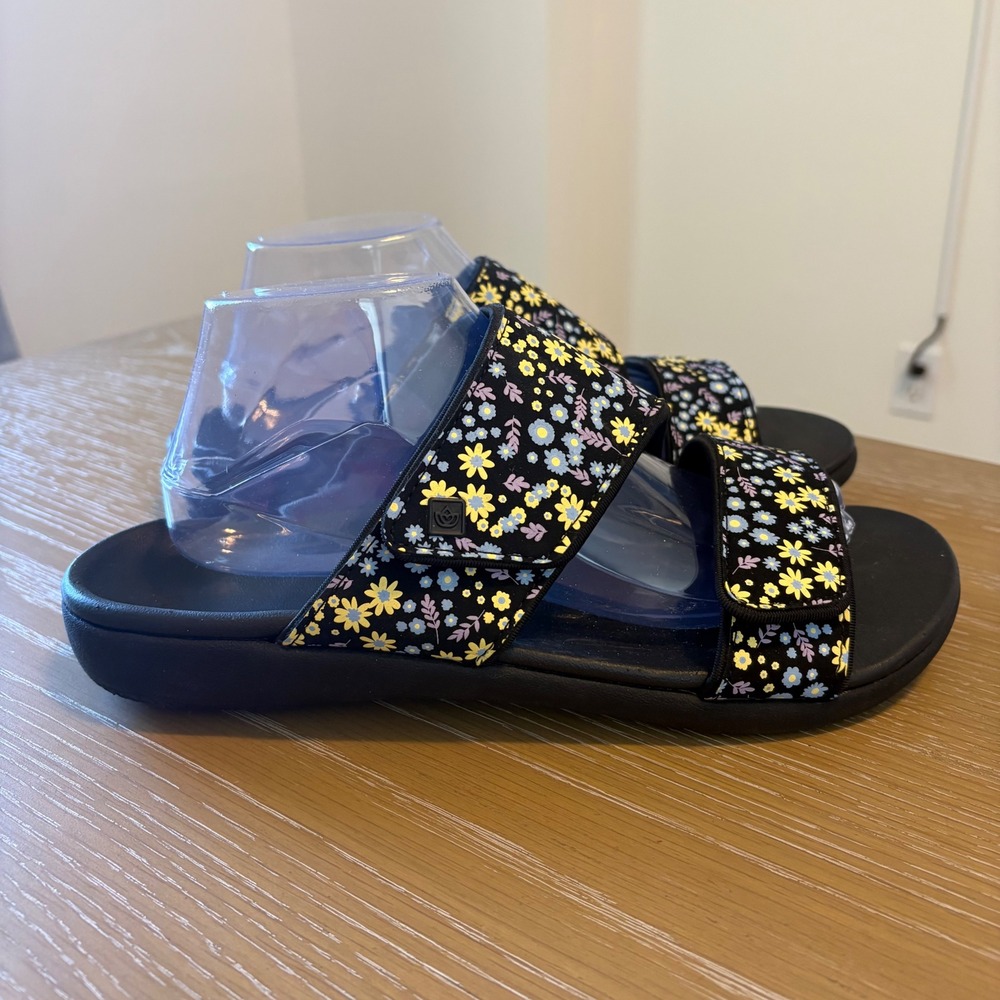 Spenco Kholo Nuevo Floral Slides Adjustable Strap Sandals Black Womens 11D